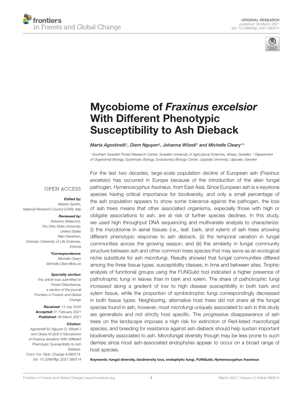 Mycobiome of Fraxinus Excelsior with Different Phenotypic Susceptibility to Ash Dieback