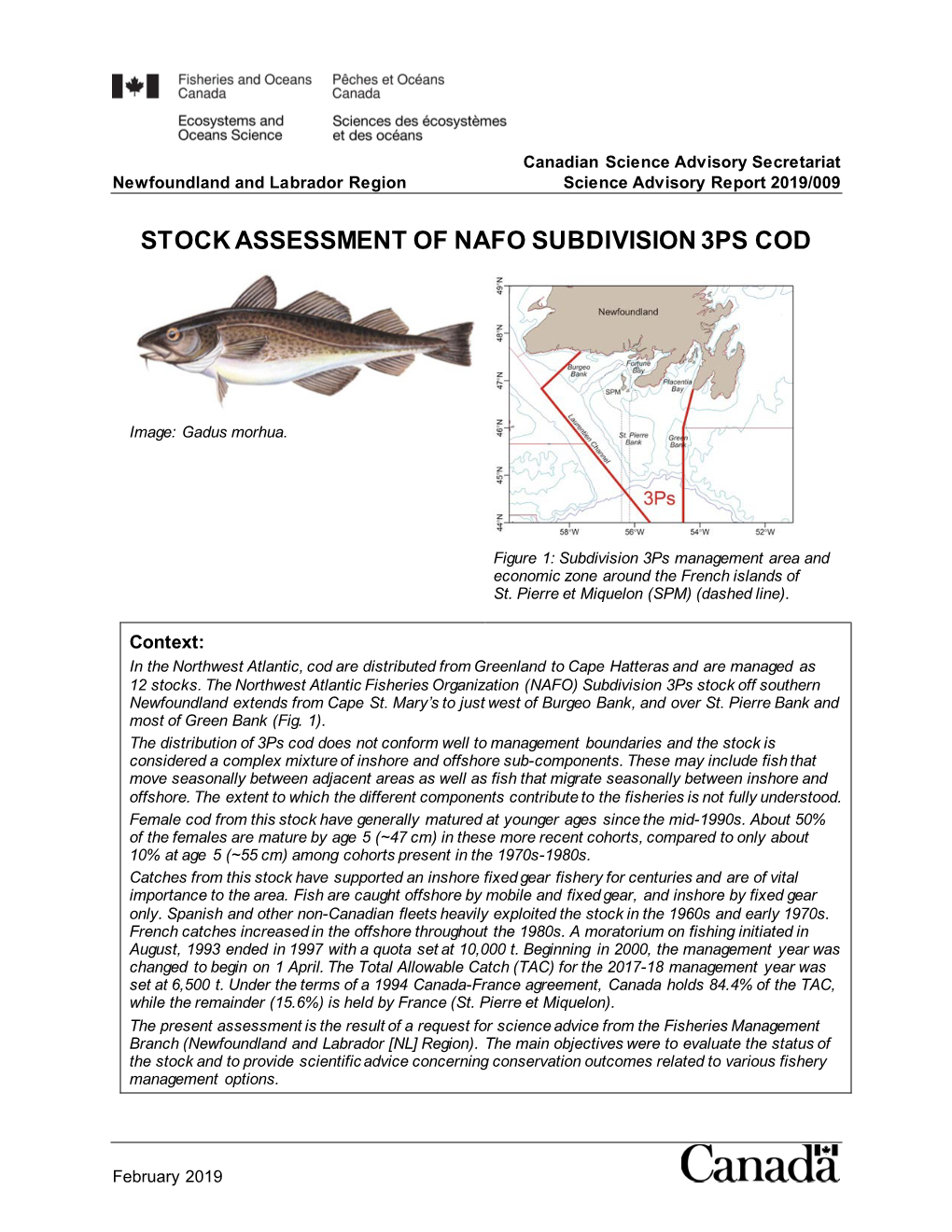 Stock Assessment of Nafo Subdivision 3Ps Cod