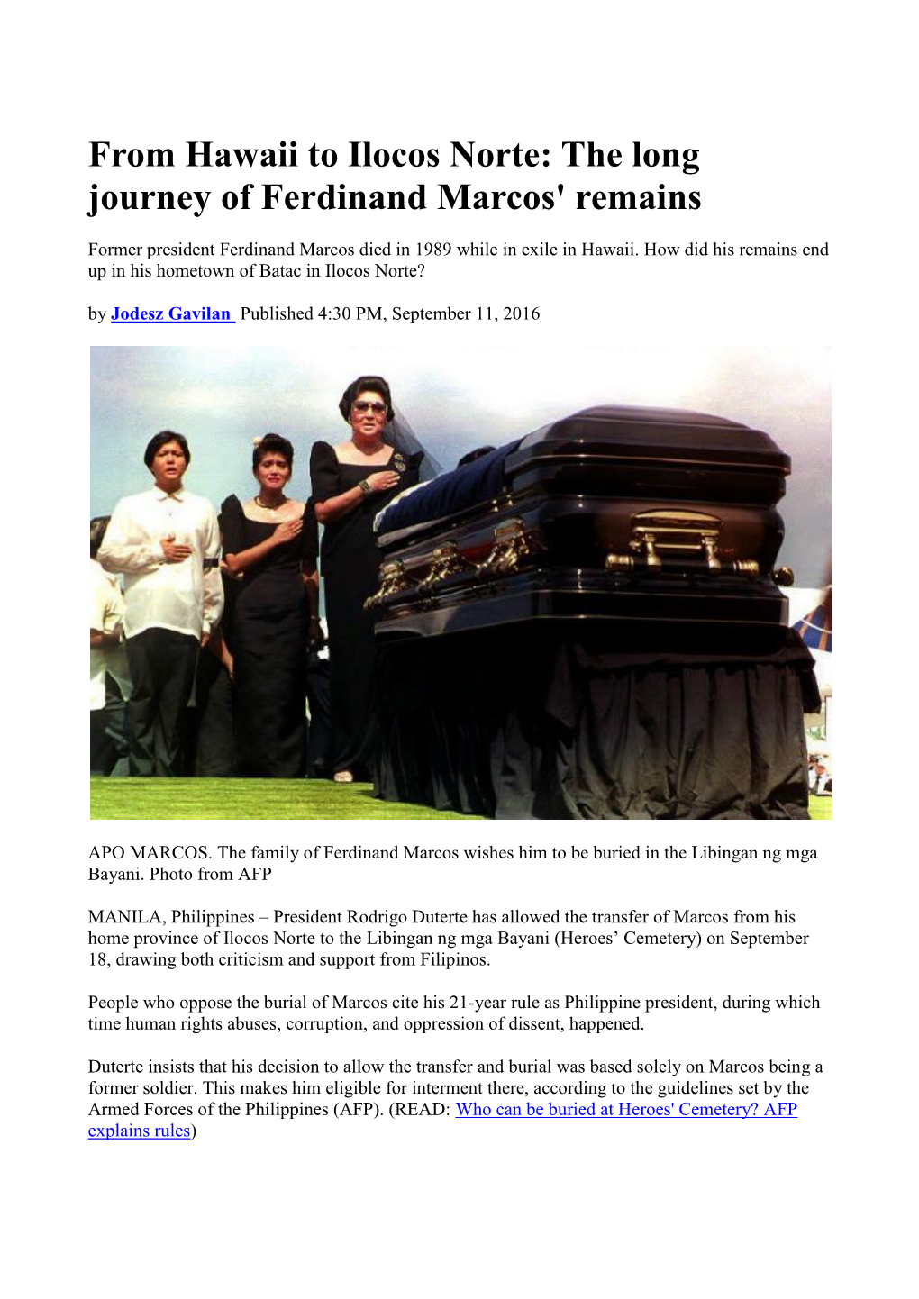 From Hawaii to Ilocos Norte: the Long Journey of Ferdinand Marcos' Remains