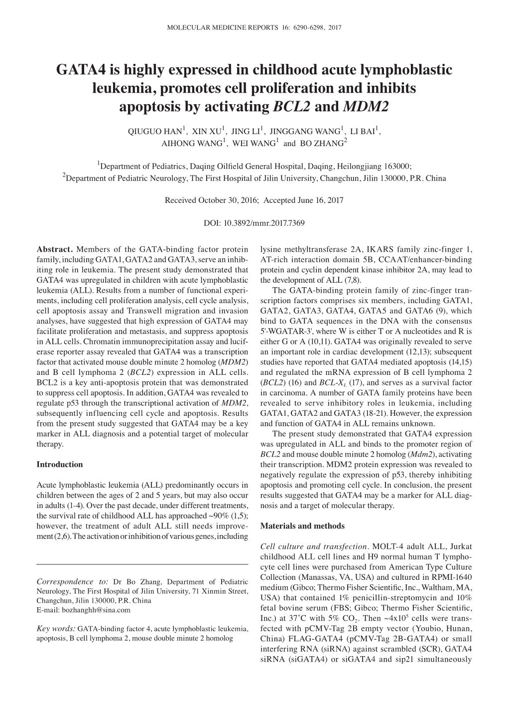 GATA4 Is Highly Expressed in Childhood Acute Lymphoblastic Leukemia, Promotes Cell Proliferation and Inhibits Apoptosis by Activating BCL2 and MDM2