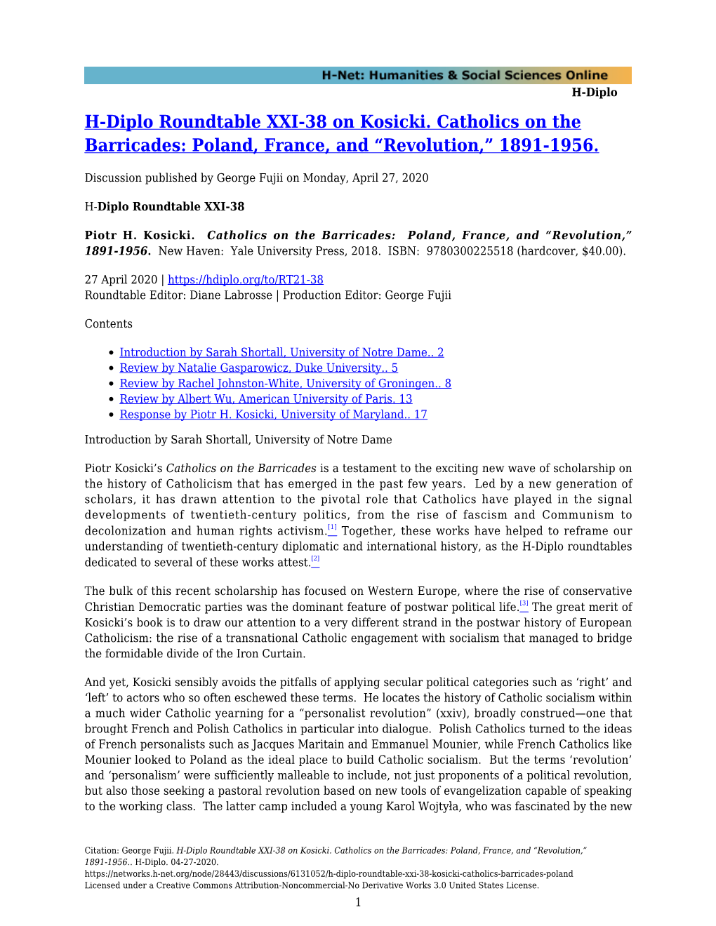 H-Diplo Roundtable XXI-38 on Kosicki. Catholics on the Barricades: Poland, France, and “Revolution,” 1891-1956