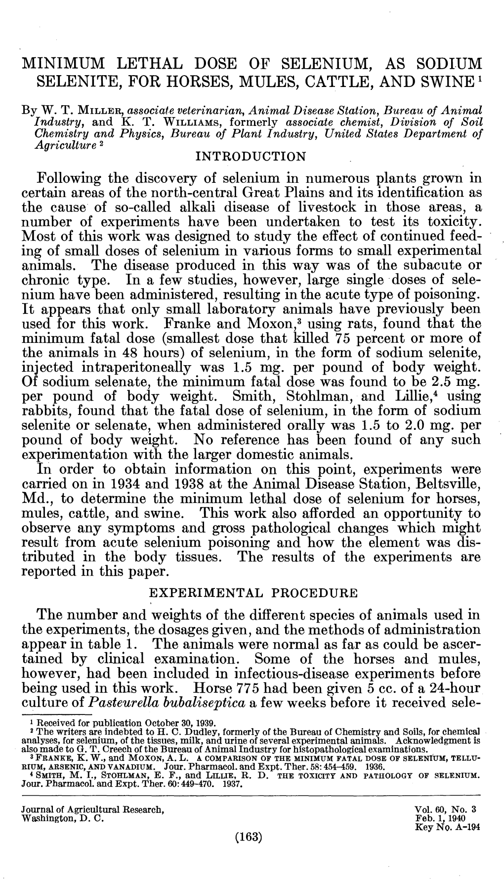 Minimum Lethal Dose of Selenium, As Sodium Selenite, for Horses, Mules, Cattle, and Swine '