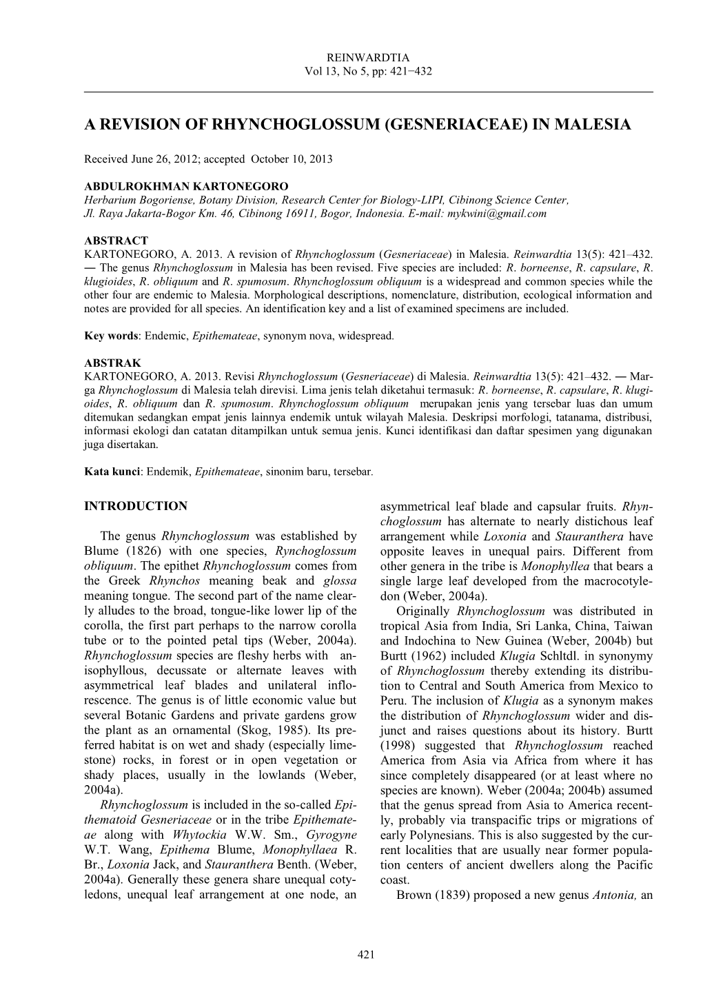 A Revision of Rhynchoglossum (Gesneriaceae) in Malesia