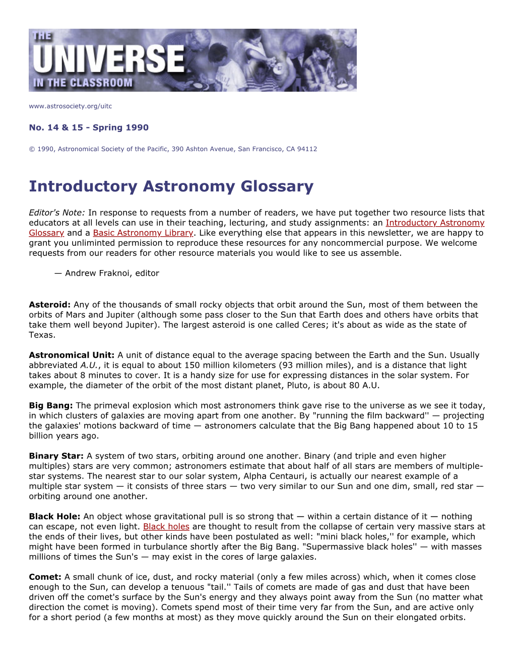 Introductory Astronomy Glossary