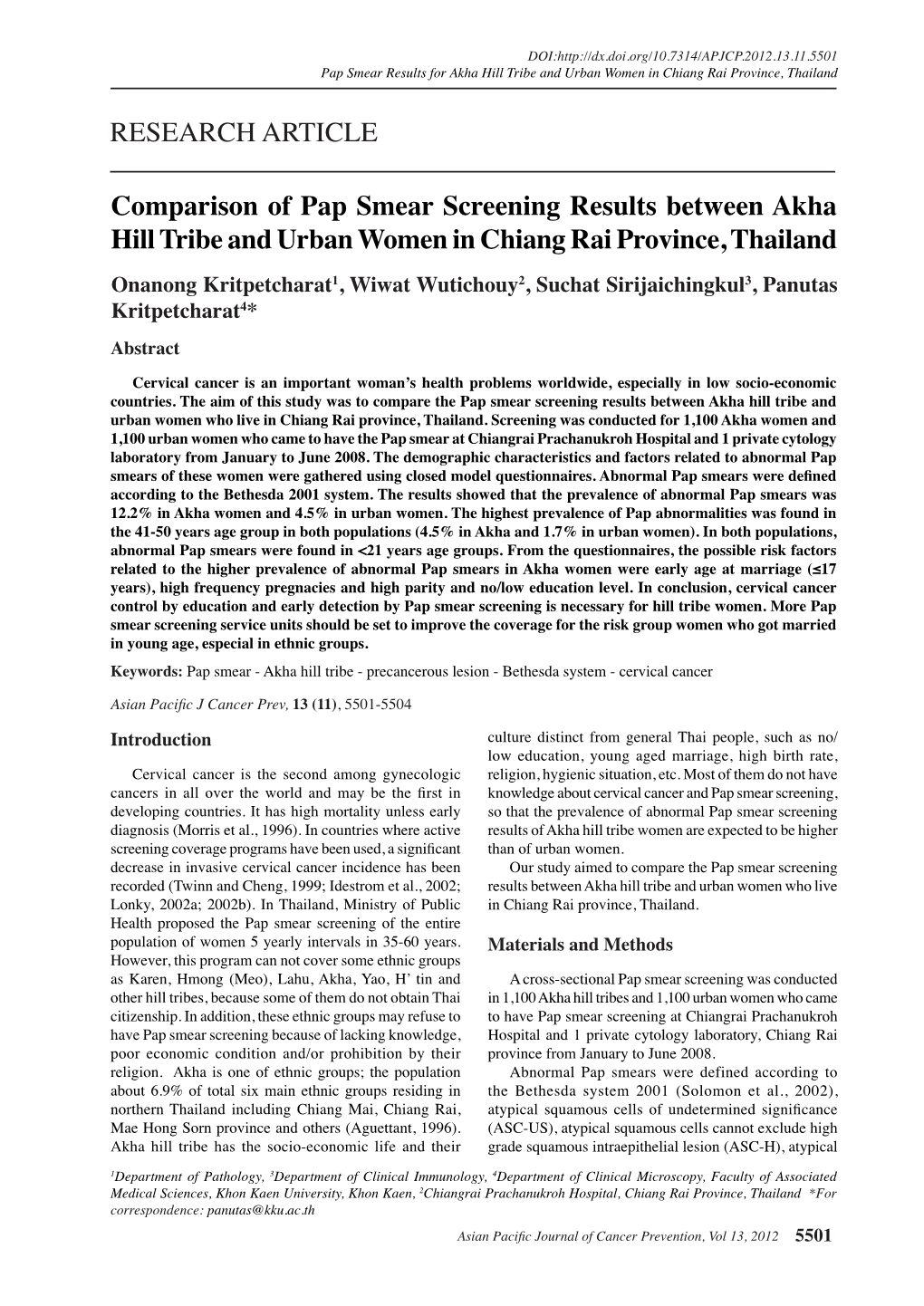 Comparison of Pap Smear Screening Results Between Akha Hill Tribe