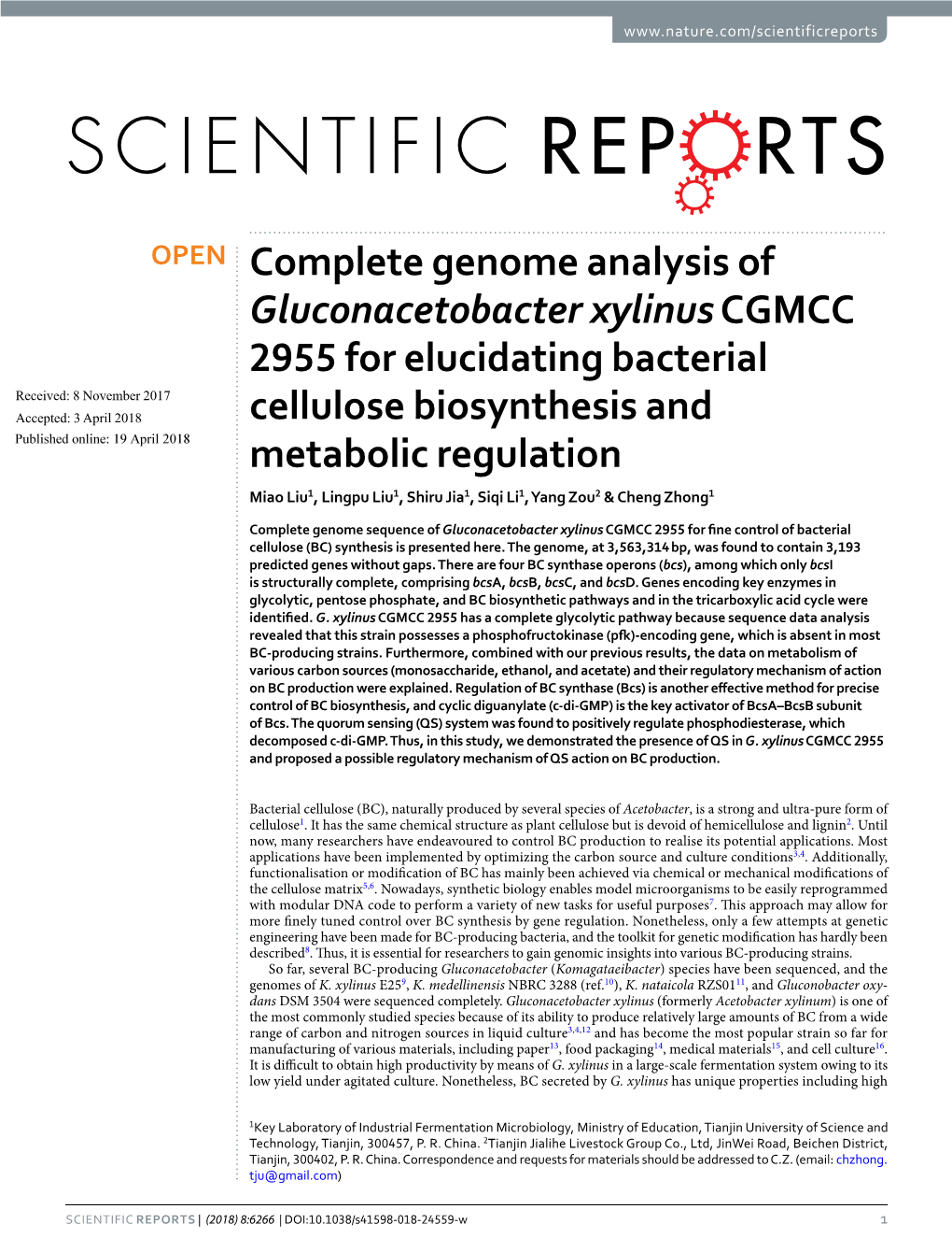 Complete Genome Analysis of Gluconacetobacter Xylinus CGMCC