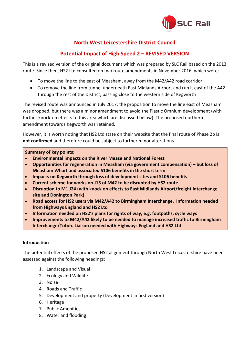 North West Leicestershire District Council Potential Impact of High Speed 2 – REVISED VERSION