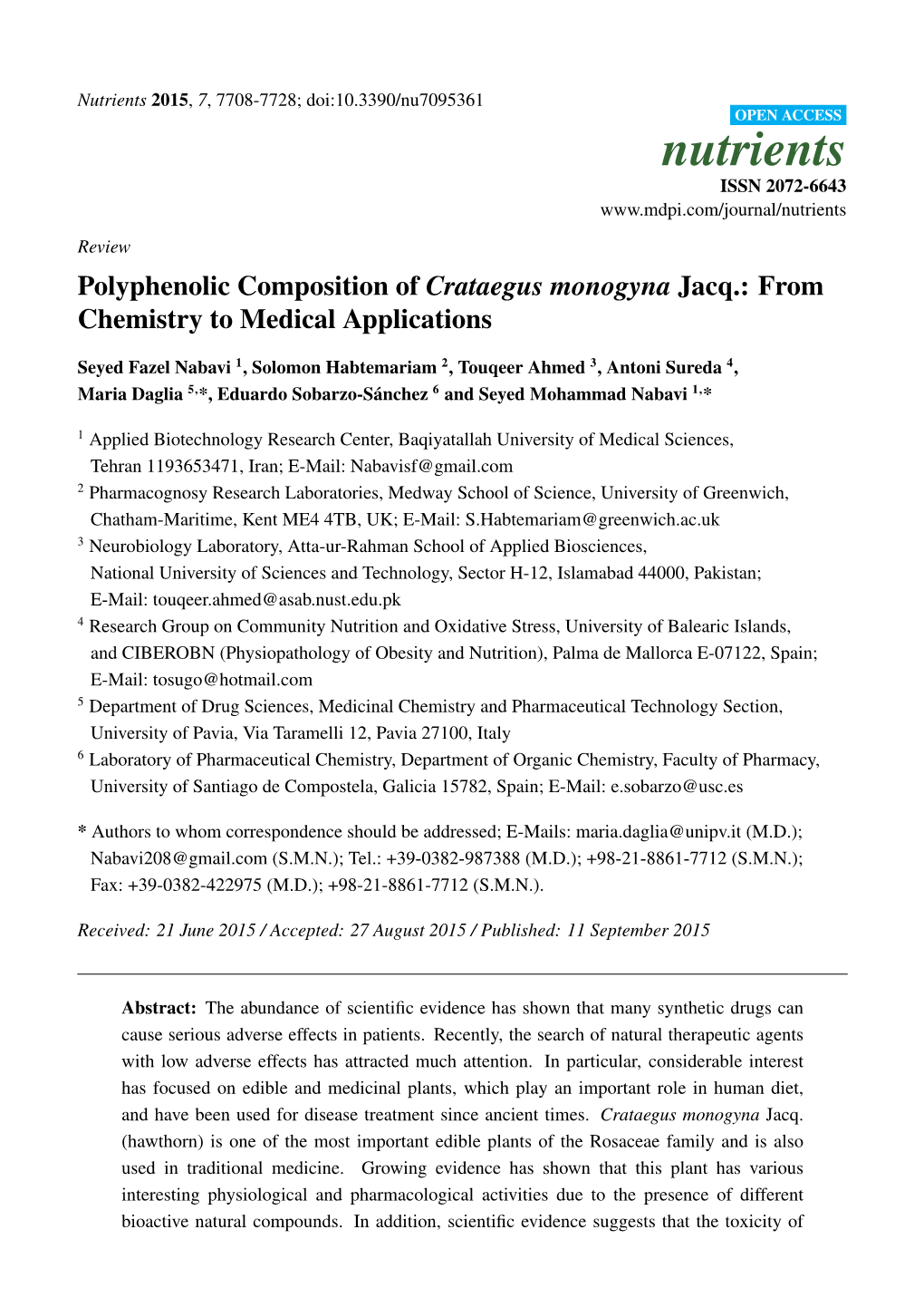 Polyphenolic Composition of Crataegus Monogyna Jacq.: from Chemistry to Medical Applications