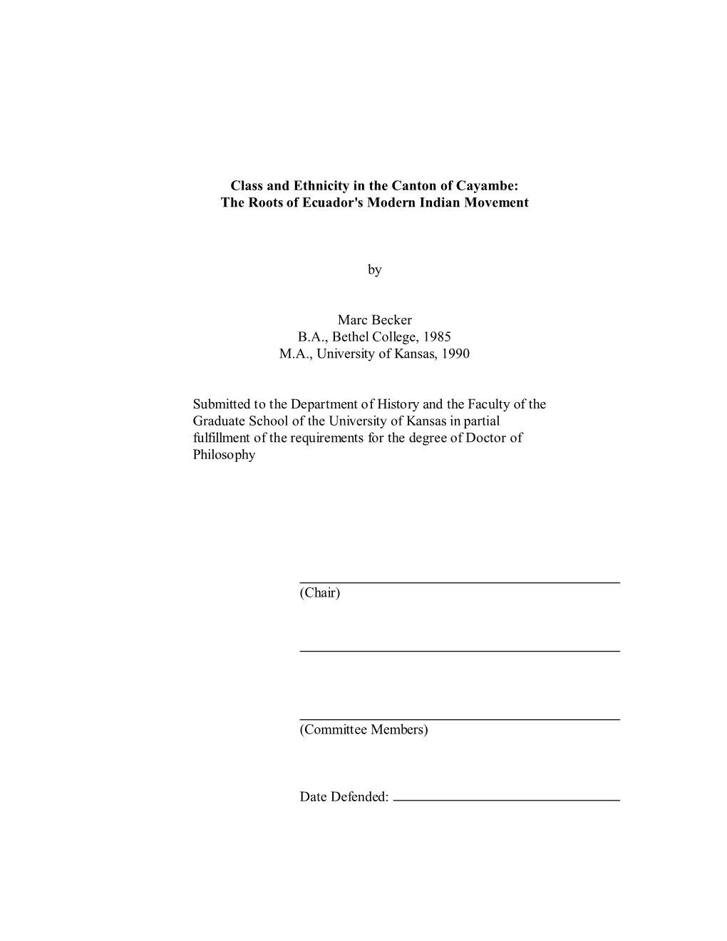 Class and Ethnicity in the Canton of Cayambe: the Roots of Ecuador's Modern Indian Movement