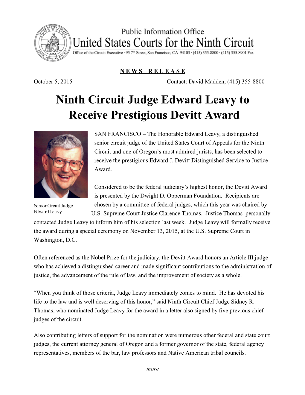 Ninth Circuit Judge Edward Leavy to Receive Prestigious Devitt Award