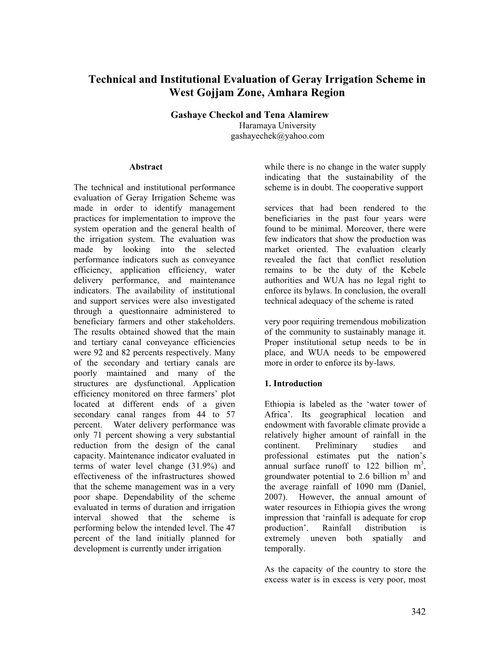 Technical and Institutional Evaluation of Geray Irrigation Scheme in West Gojjam Zone, Amhara Region