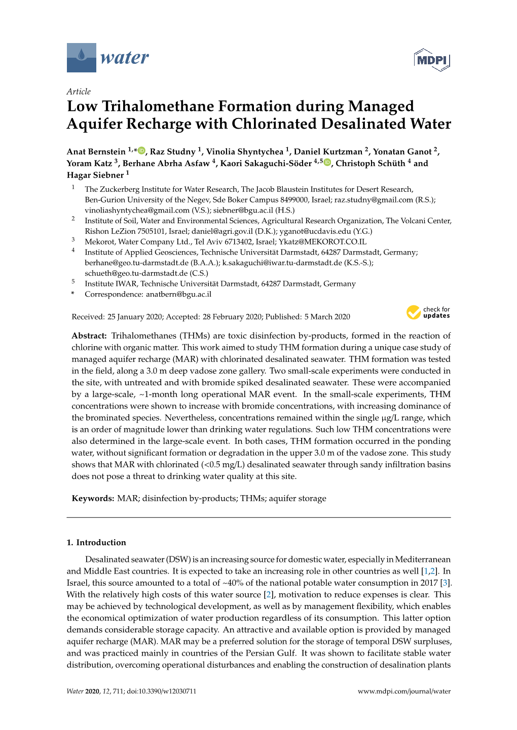 Low Trihalomethane Formation During Managed Aquifer Recharge with Chlorinated Desalinated Water