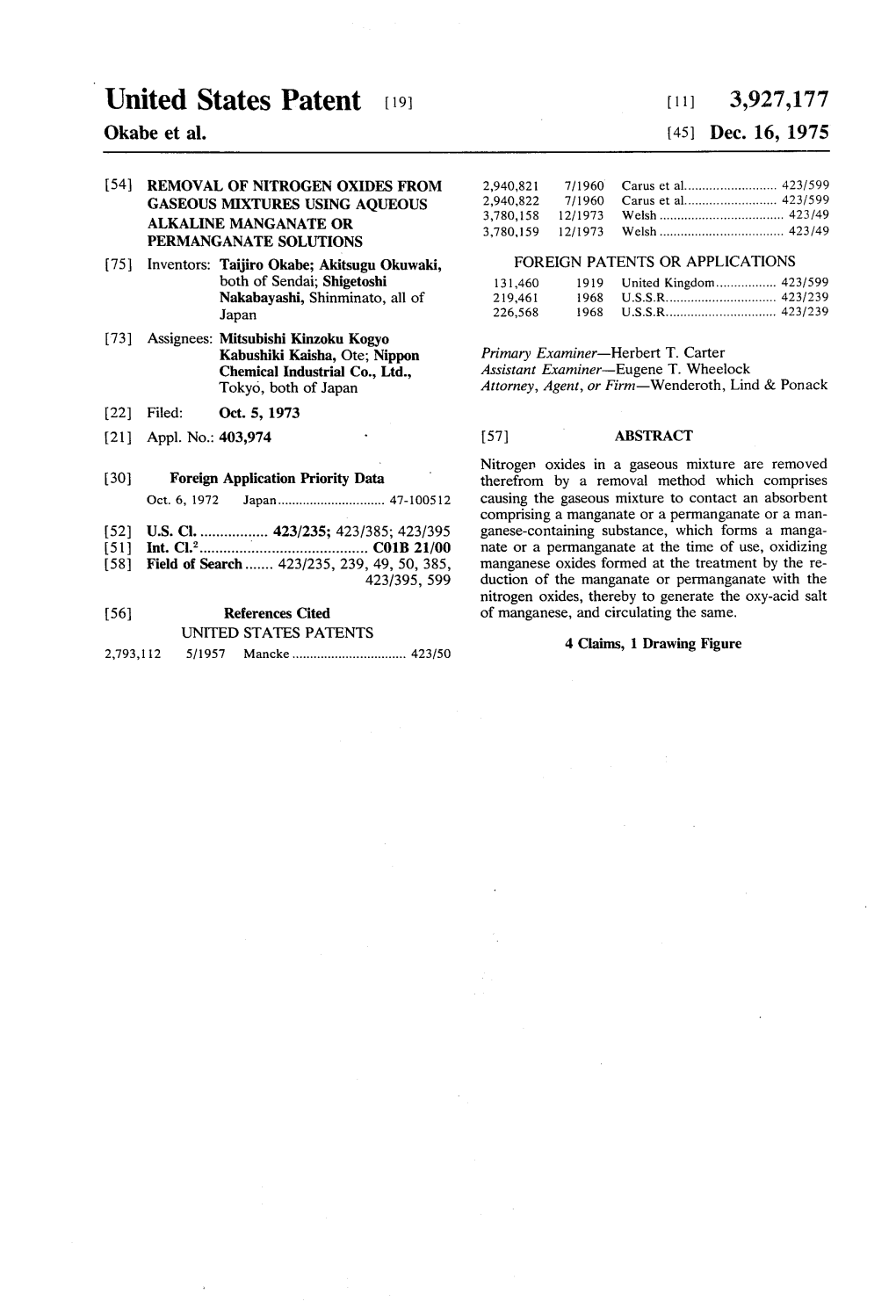 United States Patent (19) 11, 3,927,177 Okabe Et Al