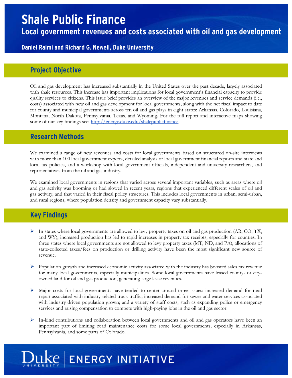 Shale Public Finance Local Government Revenues and Costs Associated with Oil and Gas Development