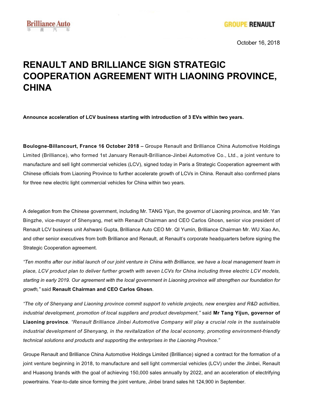 Renault and Brilliance Sign Strategic Cooperation Agreement with Liaoning Province, China