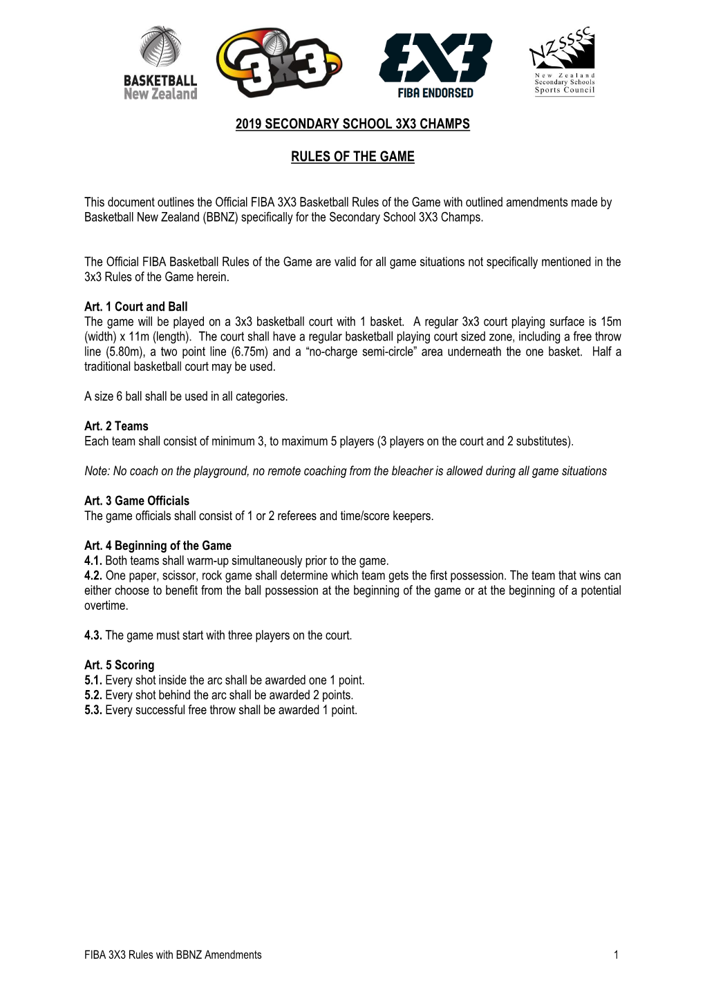 2019 Secondary School 3X3 Champs Rules of the Game