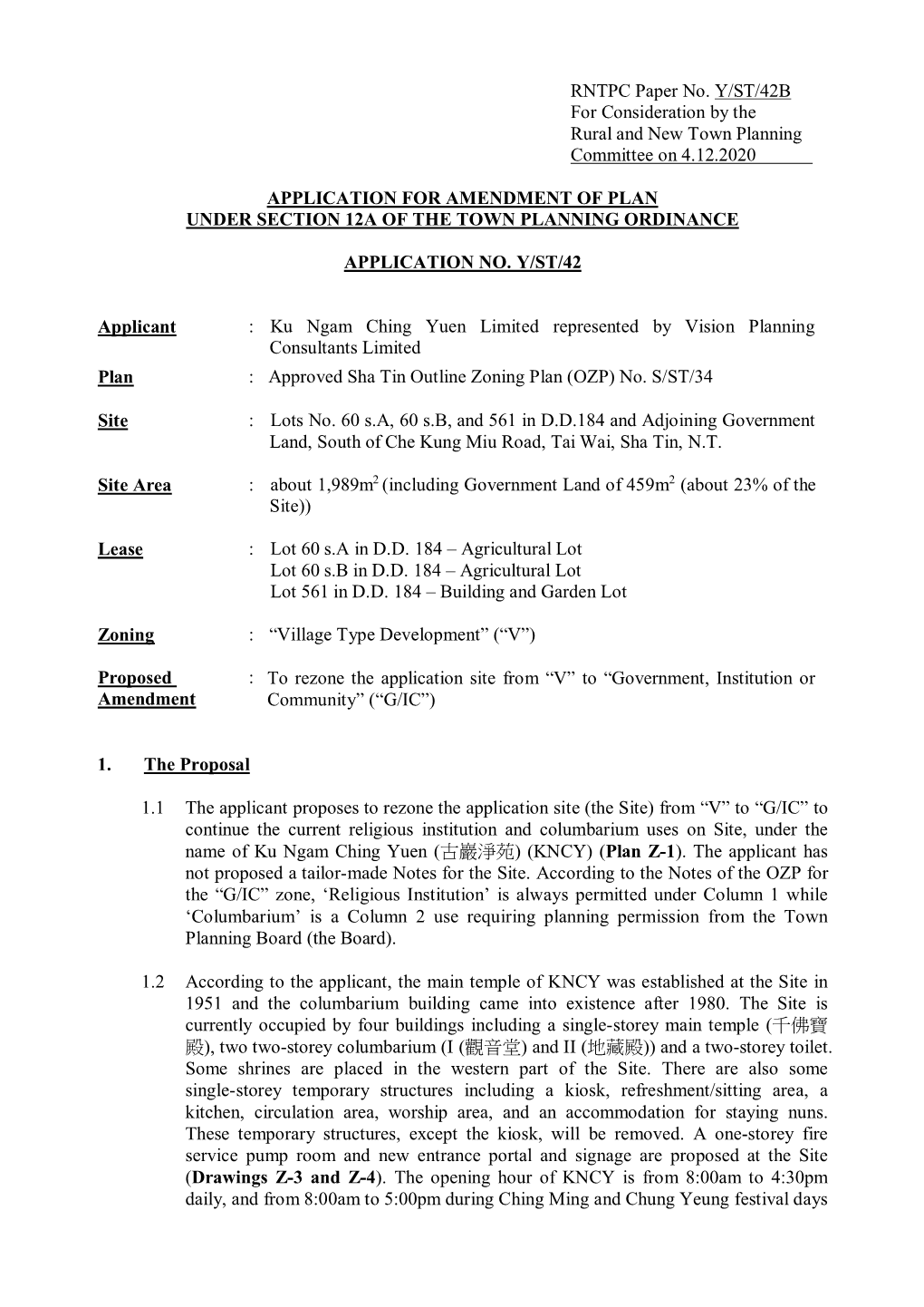 RNTPC Paper No. Y/ST/42B for Consideration by the Rural and New Town Planning Committee on 4.12.2020