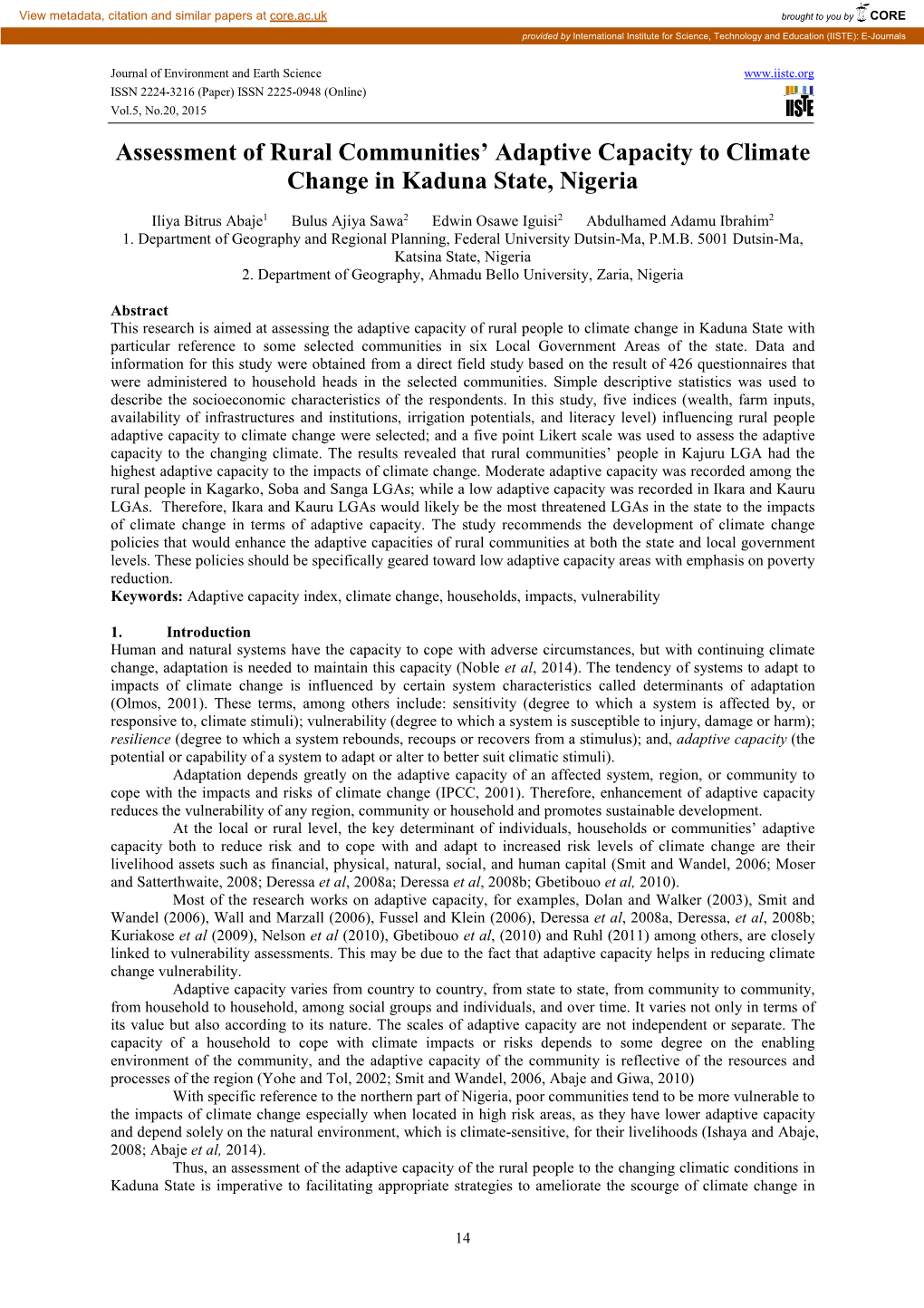 Assessment of Rural Communities' Adaptive Capacity to Climate Change in Kaduna State, Nigeria