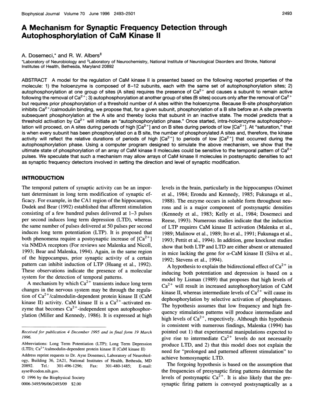 A Mechanism for Synaptic Frequency Detection Through Autophosphorylation of Cam Kinase 11