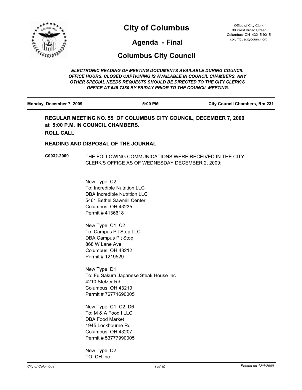 Agenda - Final Columbuscitycouncil.Org Columbus City Council