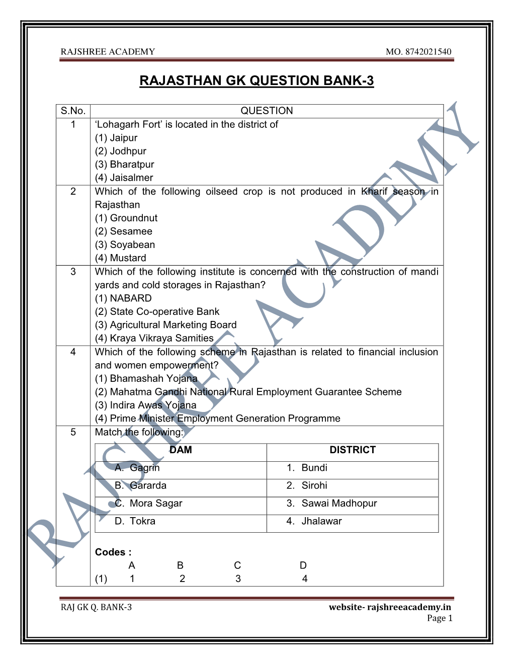 Rajasthan Gk Question Bank-3