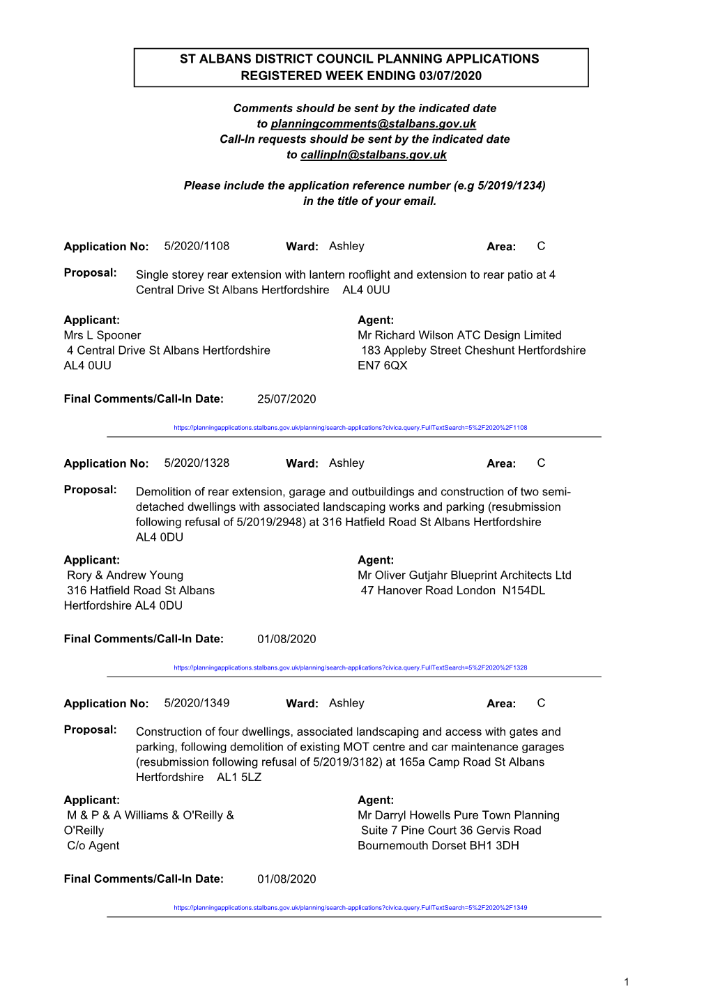 St Albans District Council Planning Applications Registered Week Ending 03/07/2020