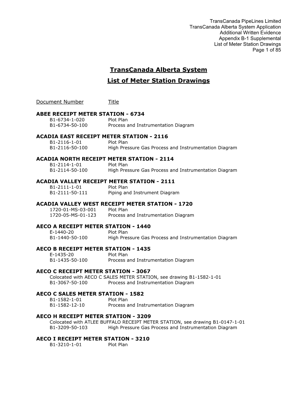 Transcanada Alberta System List of Meter Station Drawings