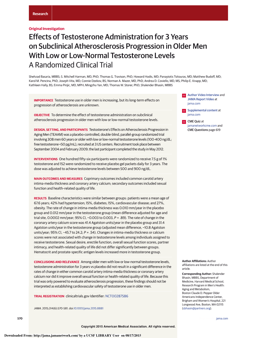 Effects of Testosterone Administration for 3 Years on Subclinical