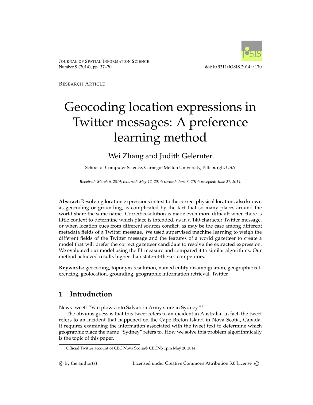 Geocoding Location Expressions in Twitter Messages: a Preference Learning Method