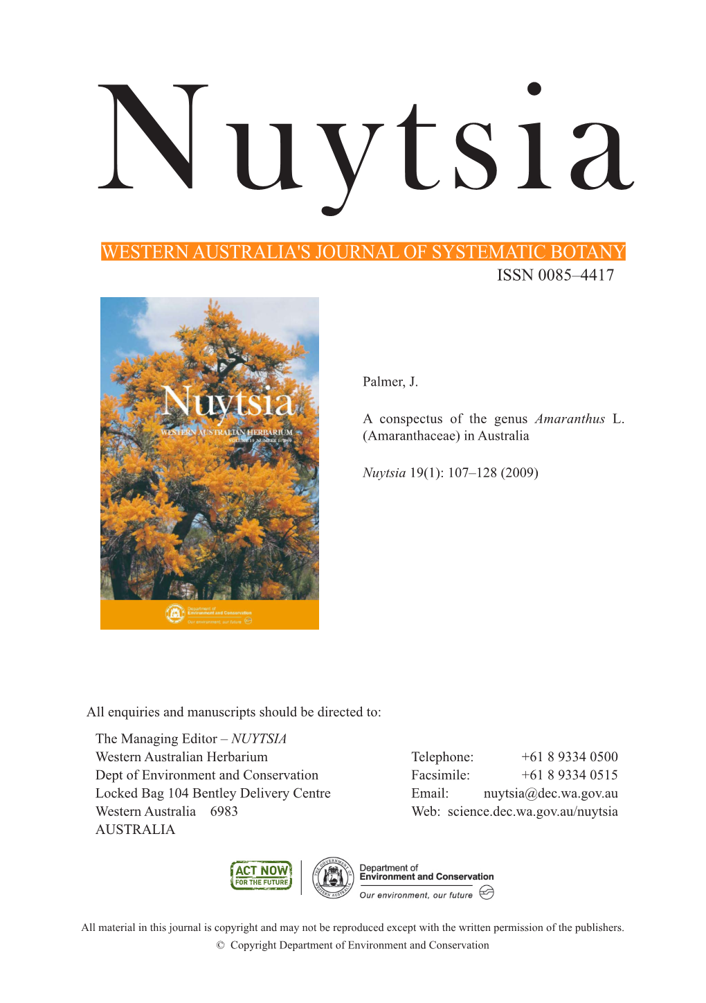 Western Australia's Journal of Systematic Botany Issn 0085–4417