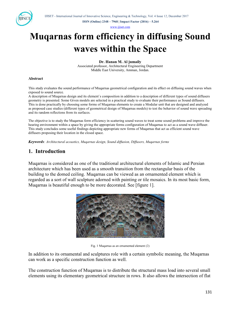 Muqarnas Form Efficiency in Diffusing Sound Waves Within the Space