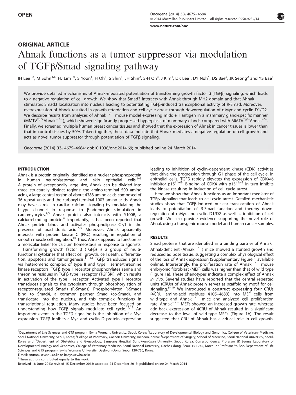 Ahnak Functions As a Tumor Suppressor Via Modulation of Tgfβ/Smad Signaling Pathway