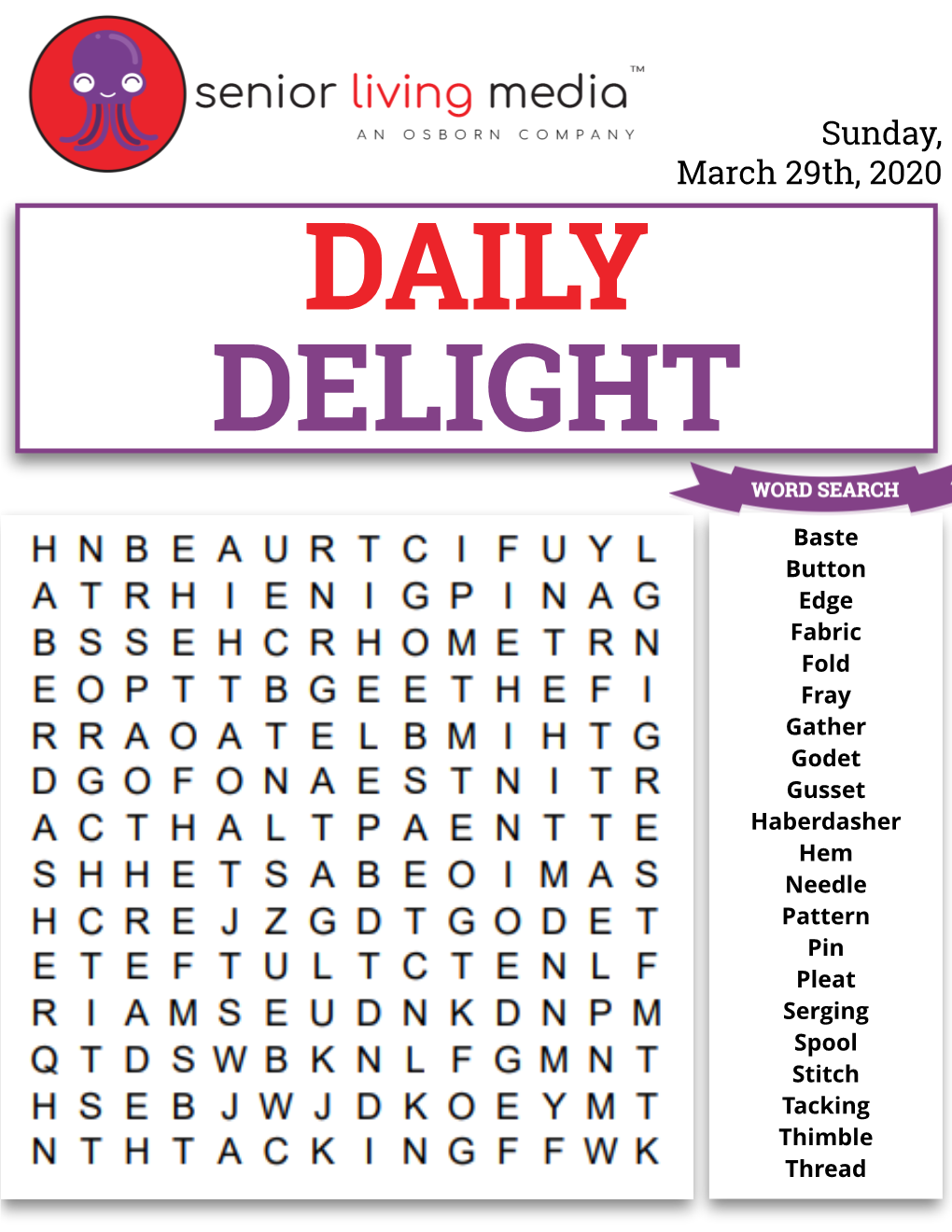 Sunday, March 29Th, 2020 DAILY DELIGHT