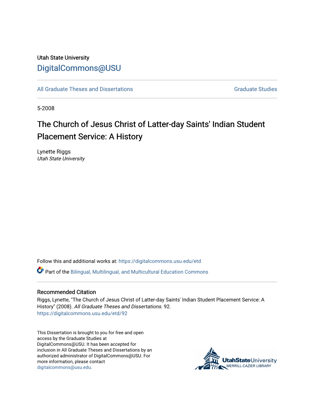 The Church of Jesus Christ of Latter-Day Saints' Indian Student Placement Service: a History