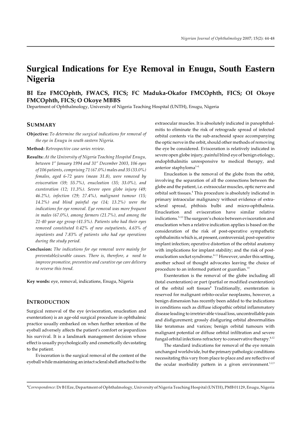 Surgical Indications for Eye Removal in Enugu, South Eastern Nigeria