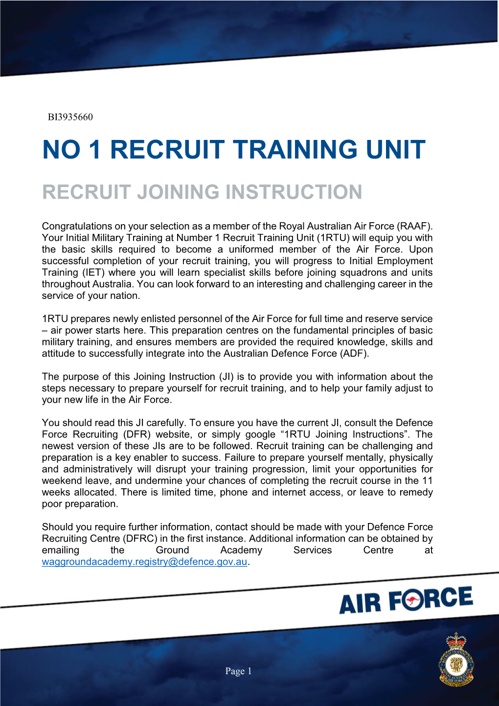 No 1 Recruit Training Unit Joining Instruction