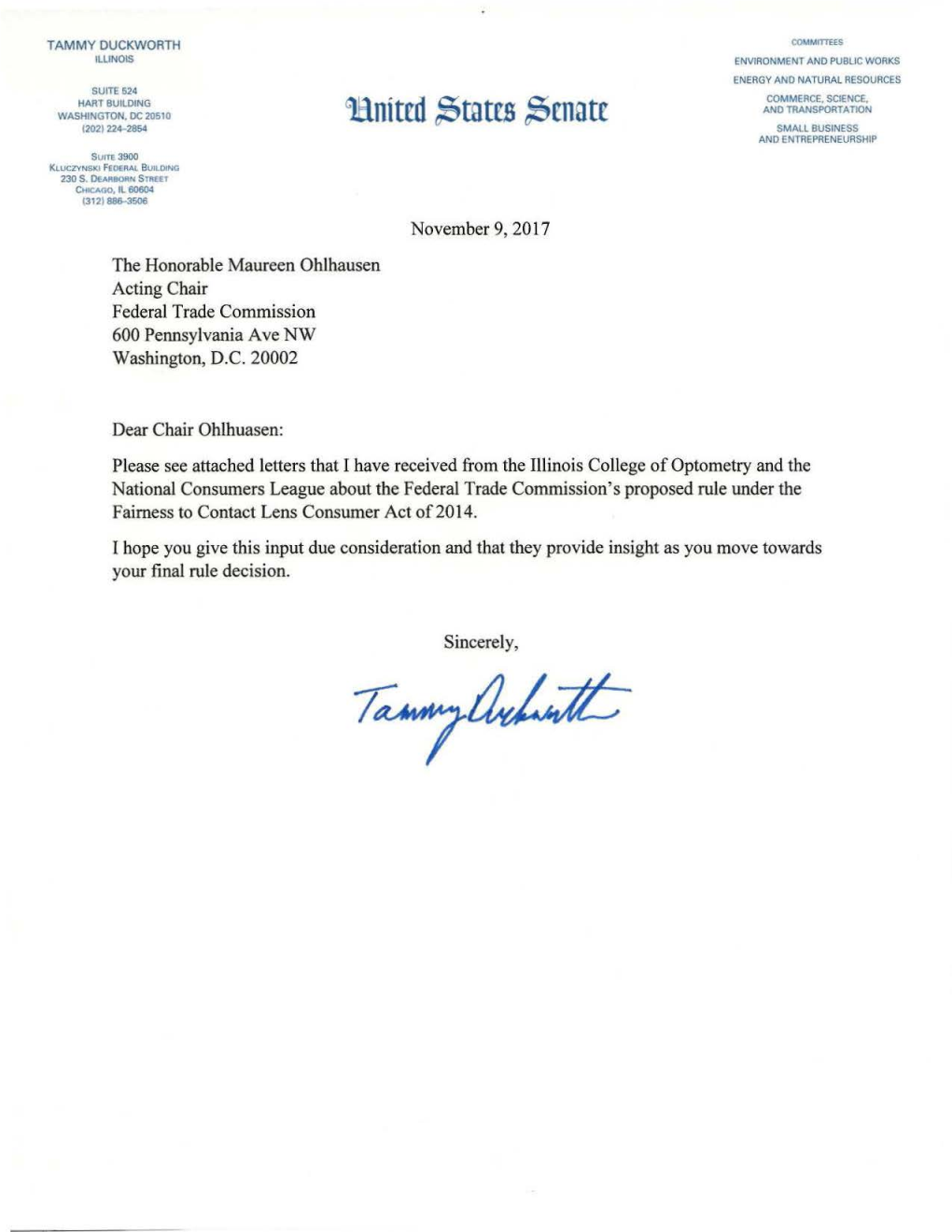 Letter from Senator Tammy Duckworth of the United States