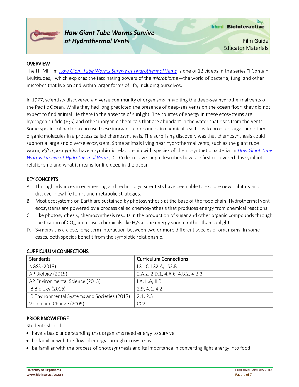 How Giant Tube Worms Survive at Hydrothermal Vents Film Guide Educator Materials