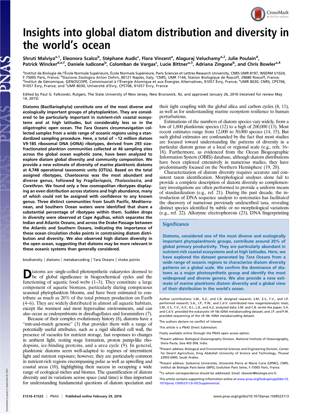 Insights Into Global Diatom Distribution and Diversity in the World's Ocean