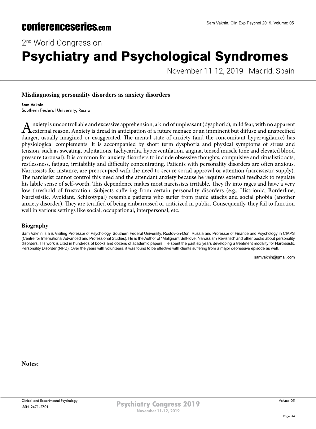 Psychiatry and Psychological Syndromes November 11-12, 2019 | Madrid, Spain