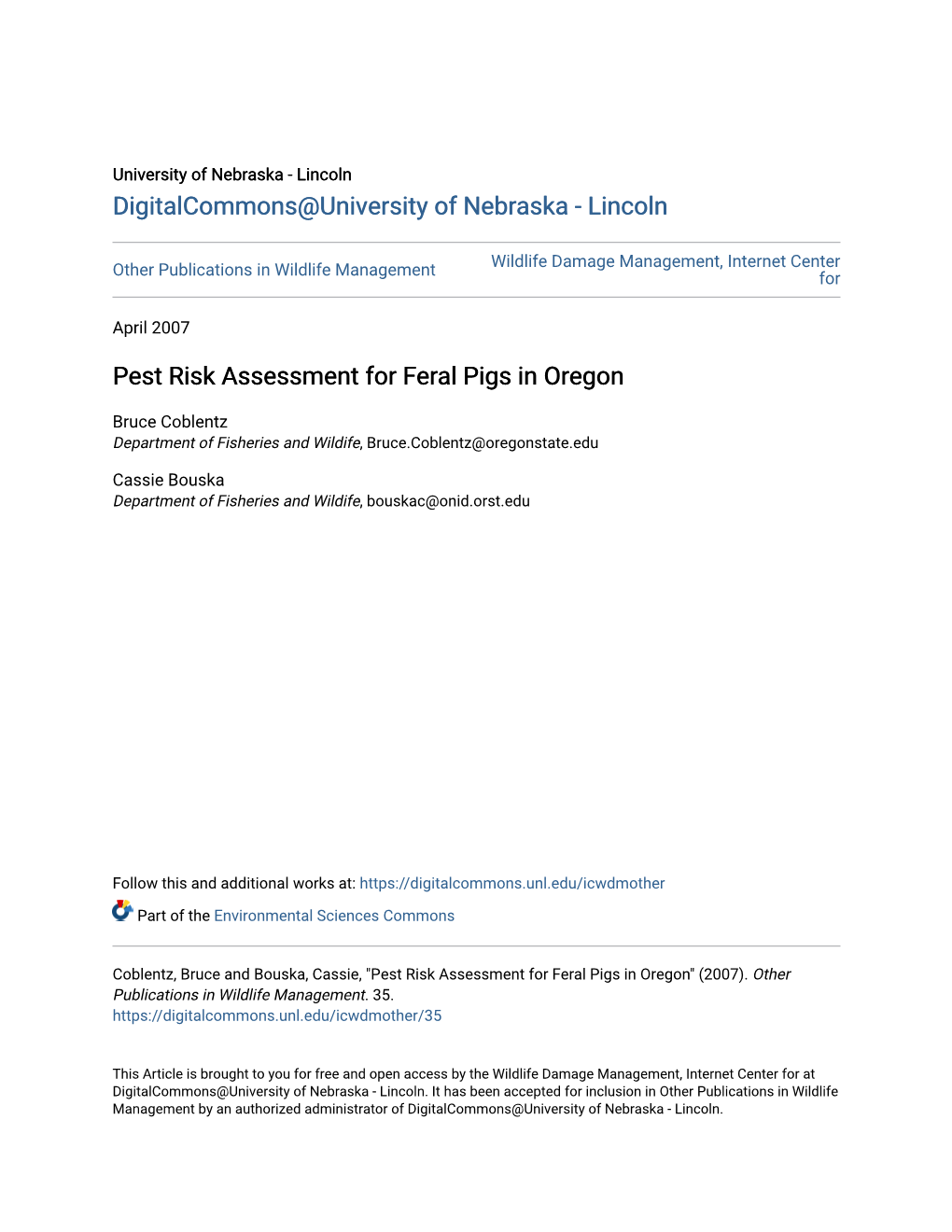 Pest Risk Assessment for Feral Pigs in Oregon