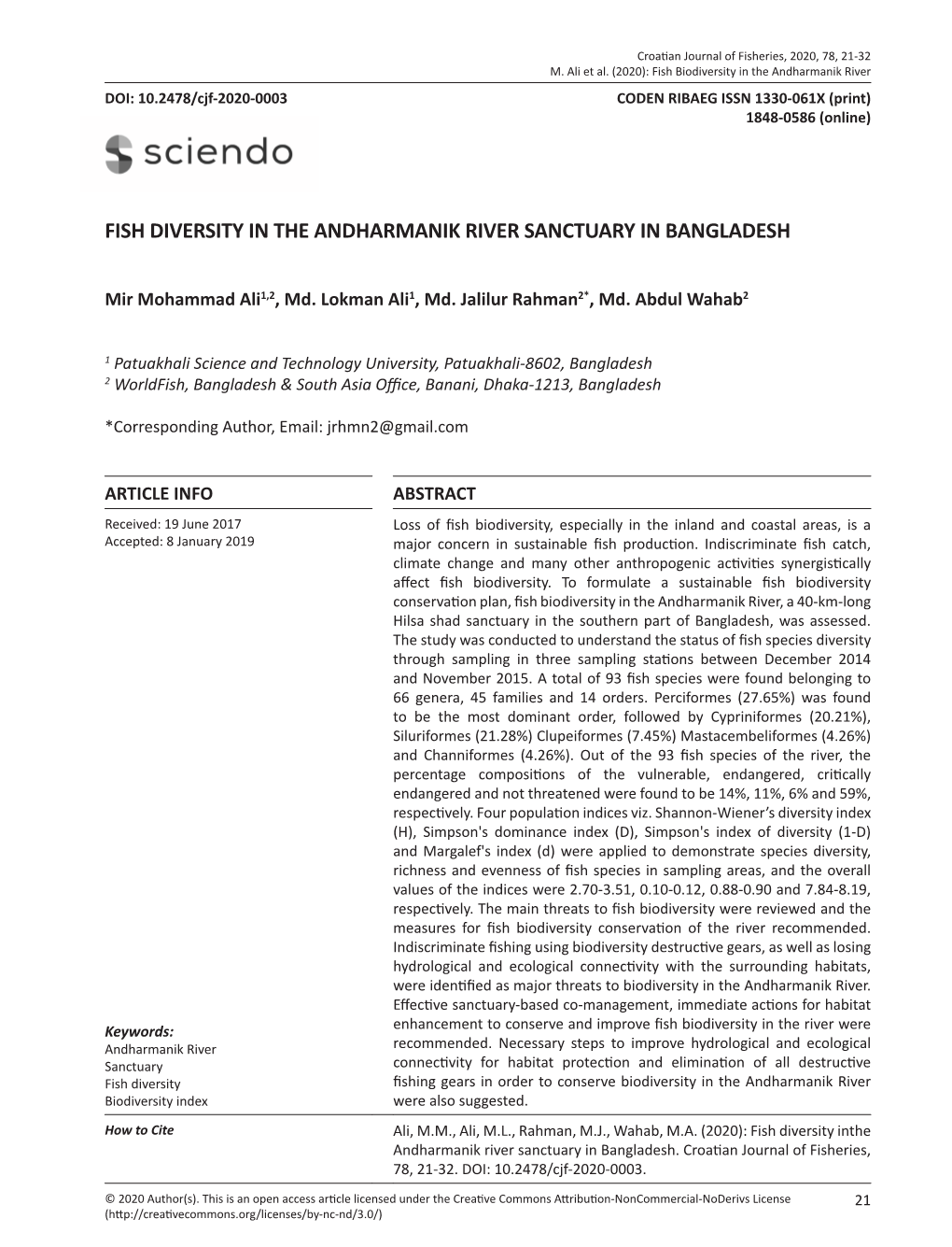 Fish Diversity in the Andharmanik River Sanctuary in Bangladesh