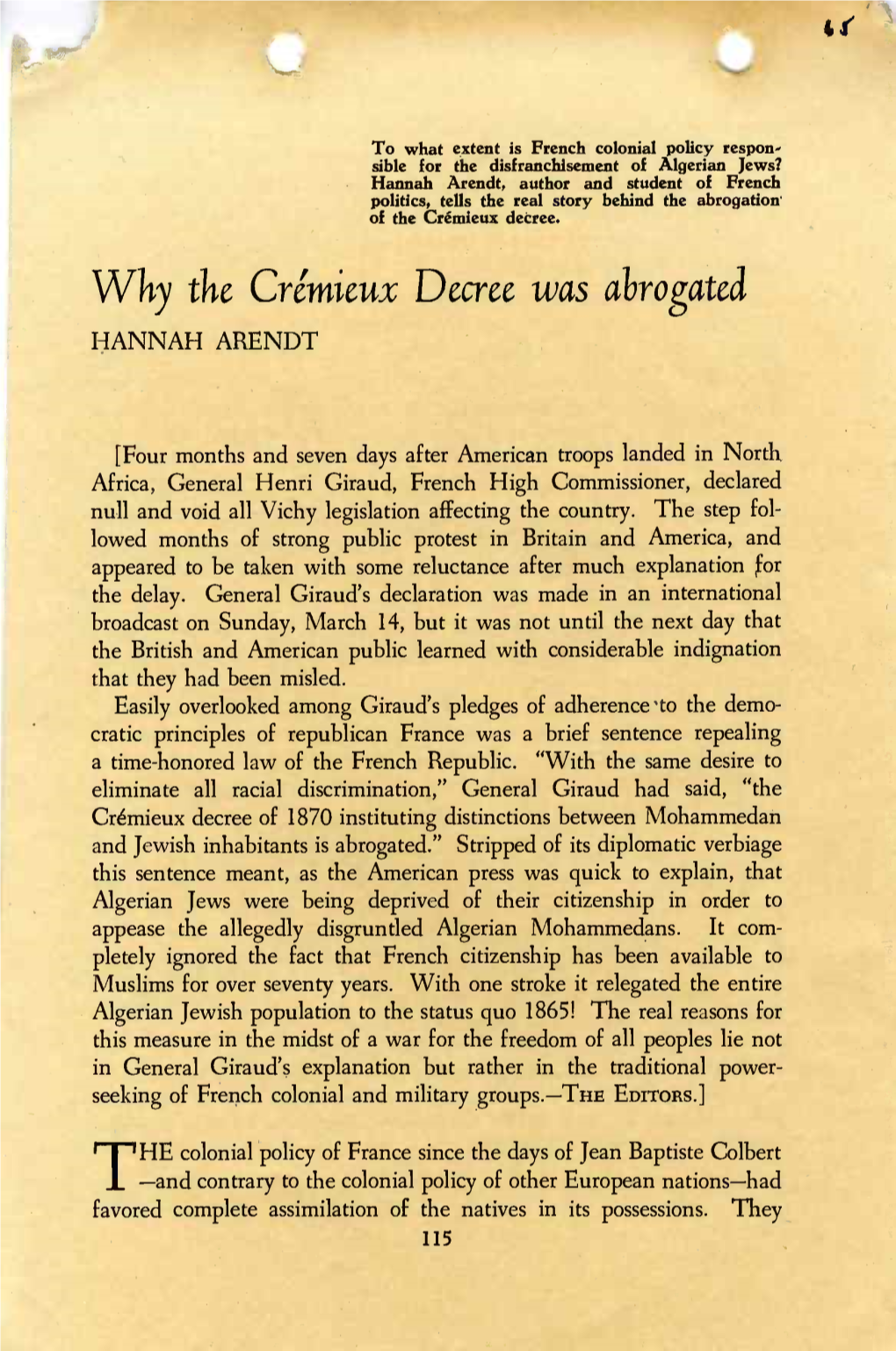 Why the Cremieux Decree Was Abrogated HANNAH ARENDT