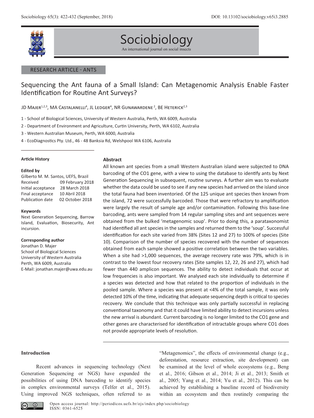 Sociobiology 65(3): 422-432 (September, 2018) DOI: 10.13102/Sociobiology.V65i3.2885