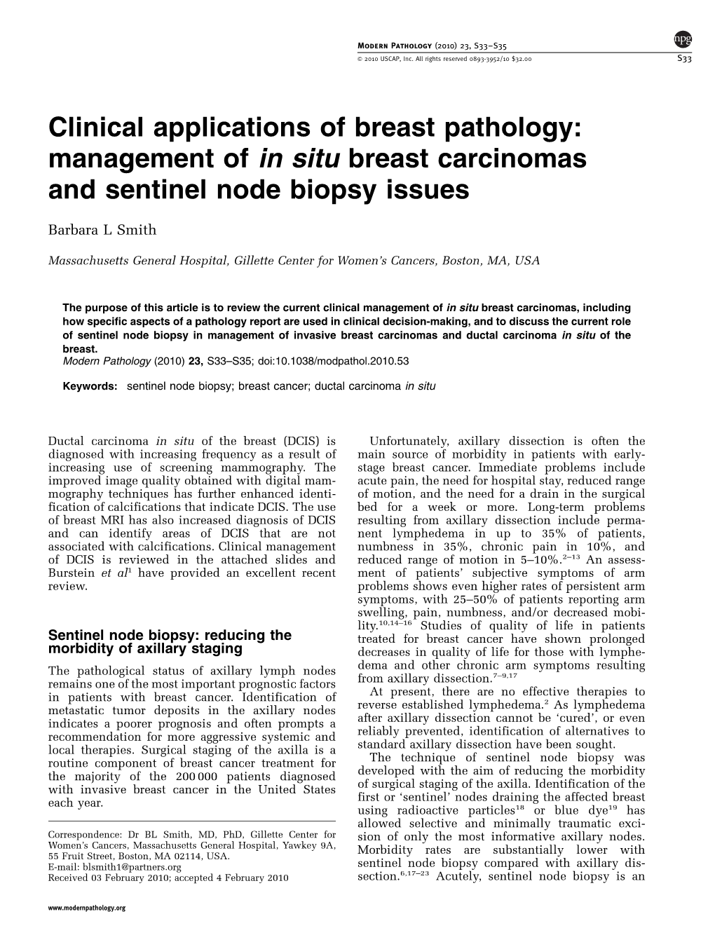 Management of in Situ Breast Carcinomas and Sentinel Node Biopsy Issues