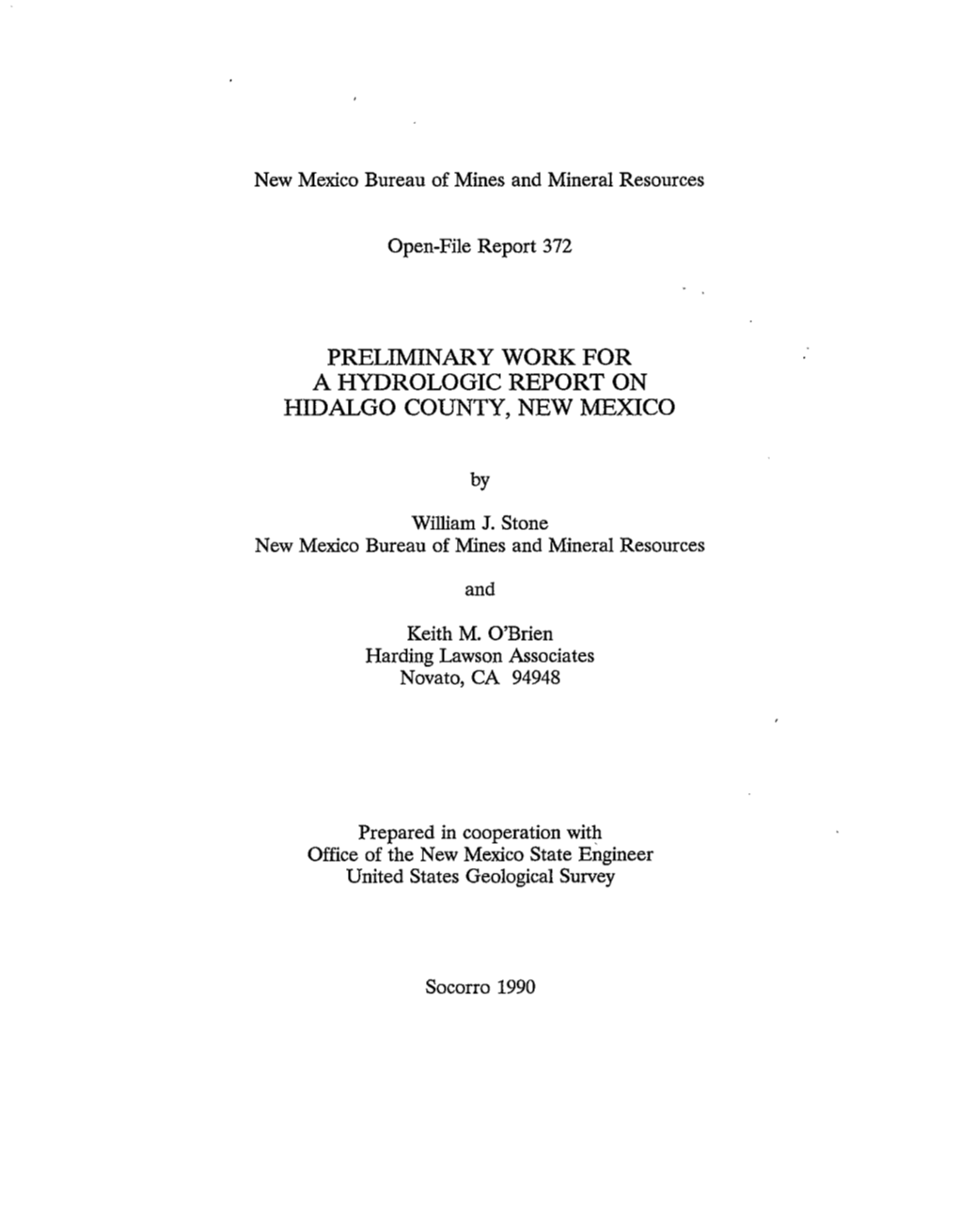 Preliminary Work for a Hydrologic Report on Hidalgo County, New Mexico