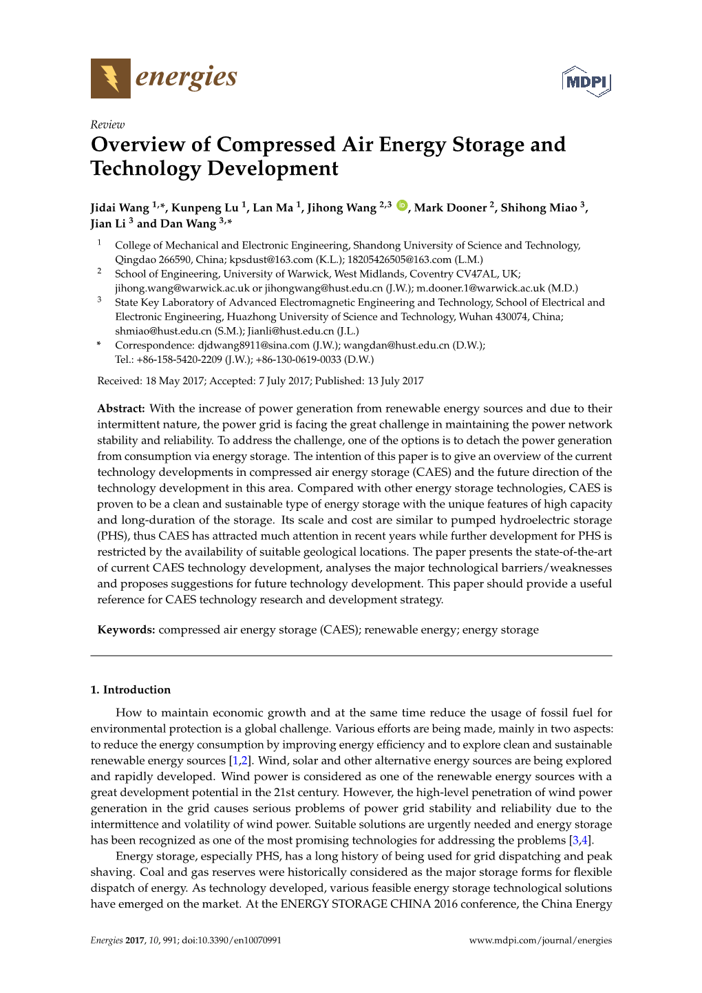 Overview of Compressed Air Energy Storage and Technology Development