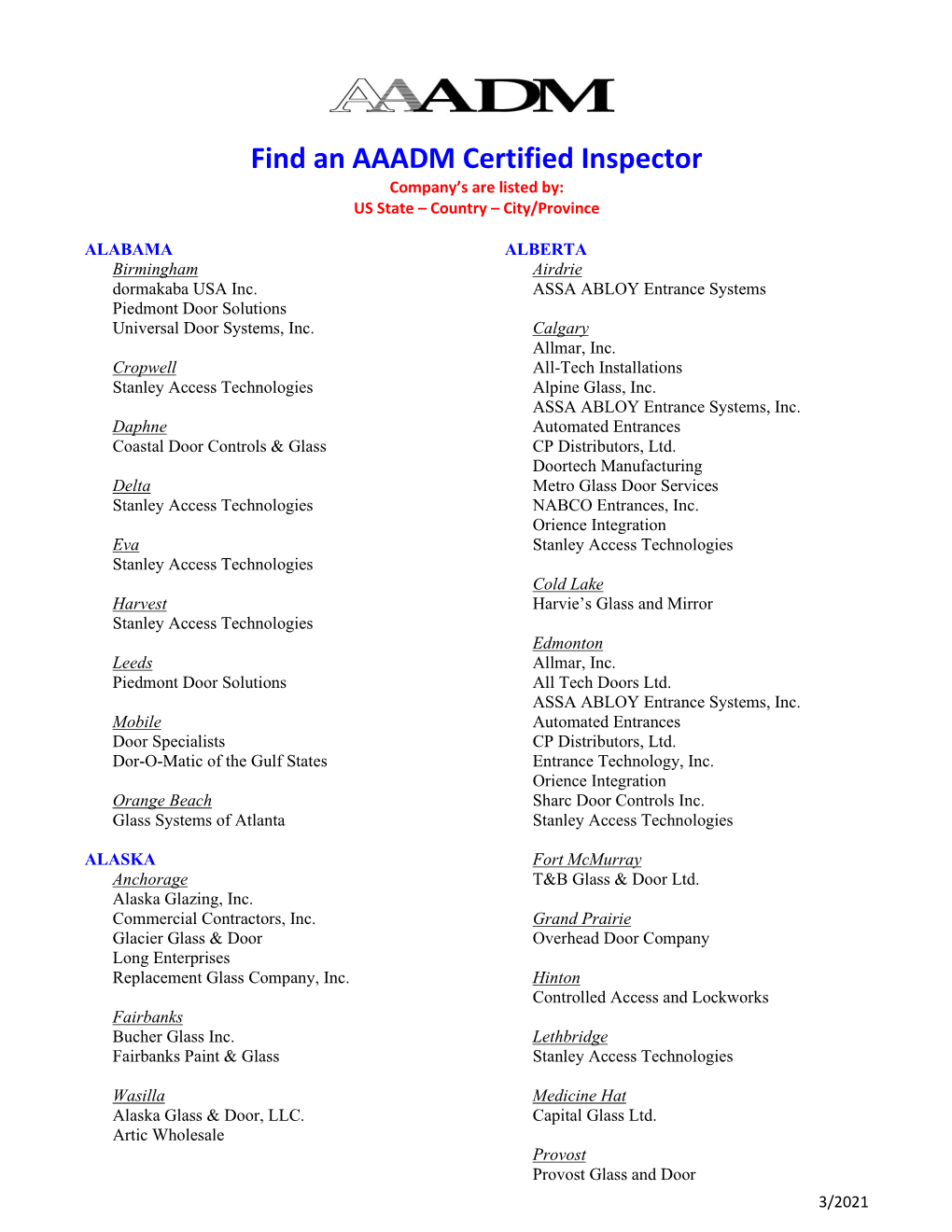 Find an AAADM Certified Inspector Company’S Are Listed By: US State – Country – City/Province