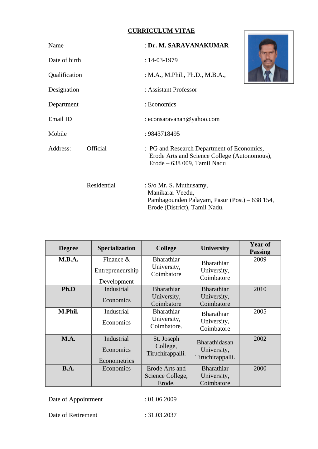 Dr. M. SARAVANAKUMAR Date of Birth