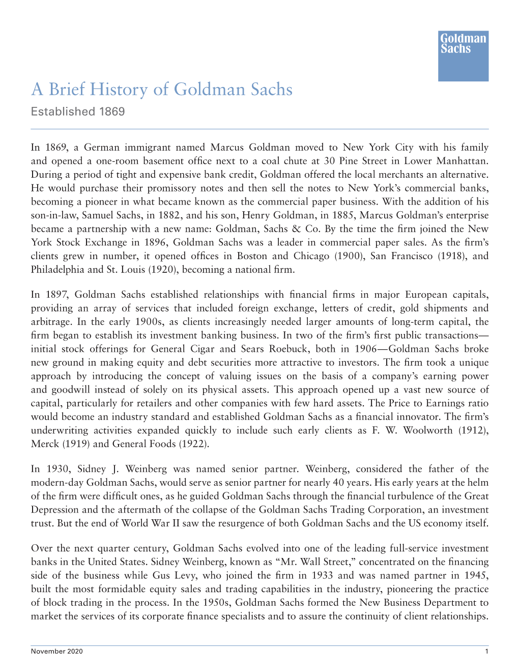 A Brief History of Goldman Sachs